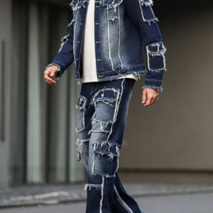 Herren-Jeansanzug für Frühling und Herbst, Multi-Pocket-Design, weite Hose mit geradem Bein
