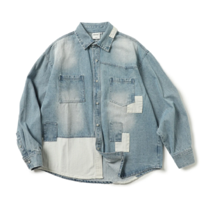 Japanisches Retro-Denim-Hemd mit alten Aufklebern, langärmliges Freizeit-Oberteil für Herren und Damen