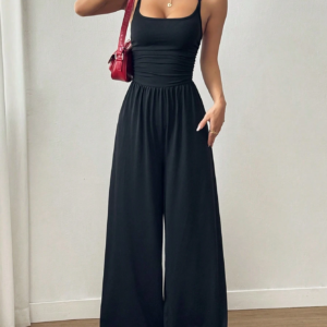 Women's Casual Solid Color Pleating Loose Straight Jumpsuit A-line Backless Halter Neck Slim Cami Jumpsuit Streetwear 2025